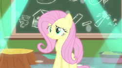 Size: 450x252 | Tagged: safe, screencap, fluttershy, ocellus, silverstream, pegasus, pony, g4, interseason shorts, teacher of the month (episode), animated, chalkboard, cute, female, gif, party soft, shyabetes, solo focus, tree stump