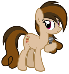 Size: 652x700 | Tagged: dead source, safe, artist:comfydove, oc, oc only, oc:cupcake slash, pony, 2018, cutie mark, female, hoof hold, looking at you, mare, microphone, simple background, smiling, solo, tail, transparent background, two toned mane, two toned tail