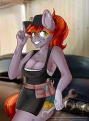 Size: 1112x1512 | Tagged: safe, artist:senpai, oc, oc only, oc:aurous affect, anthro, apron, breasts, cap, car, cleavage, clothes, female, grin, hat, leaning, mechanic, smiling, solo, toolbelt, tools, wrench