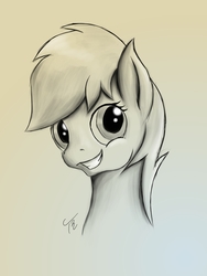 Size: 1500x2000 | Tagged: safe, artist:tunrae, oc, oc only, oc:eternal nightshade, pegasus, pony, bust, commission, digital sketch, grayscale, looking at you, monochrome, monotone, portrait, signature, sketch, smiling, solo