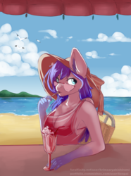 Size: 1012x1360 | Tagged: safe, artist:senpai, oc, oc only, anthro, bar, beach, breasts, cocktail, female, glasses, looking at you, ocean, solo