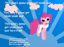 Size: 1280x932 | Tagged: safe, artist:hakar-kerarmor, pinkie pie, earth pony, pony, g4, catchy song, crossover, female, lego, mare, solo, song, song reference, spoilers for another series, sunburst background, sunglasses, the lego movie, the lego movie 2: the second part, this song's gonna get stuck inside your head, unikitty
