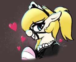 Size: 1795x1471 | Tagged: safe, artist:selenophile, oc, oc only, oc:demi, pony, clothes, cute, floppy ears, halter, heart, heart eyes, maid, maid headdress, ponytail, socks, wingding eyes