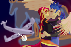 Size: 3000x2000 | Tagged: safe, artist:jongoji245, flash sentry, sunset shimmer, equestria girls, g4, female, high res, male, plane, ponied up, ship:flashimmer, shipping, straight