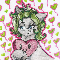 Size: 464x464 | Tagged: safe, artist:69beas, oc, oc only, oc:schiller rush, pony, unicorn, abstract background, bedroom eyes, female, heart, holding a heart, hoof fluff, mare, solo, traditional art