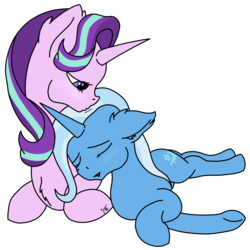 Size: 1500x1500 | Tagged: safe, artist:tunrae, starlight glimmer, trixie, pony, unicorn, g4, colored, cute, duo, ear fluff, female, flat colors, kissing, leaning, lesbian, lying down, mare, ship:startrix, shipping, simple background, transparent background