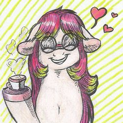 Size: 417x417 | Tagged: safe, artist:69beas, oc, oc only, oc:kuro, earth pony, pony, coffee cup, cup, eyes closed, glasses, heart, smiling, solo, traditional art