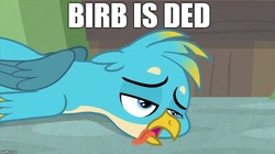 Size: 888x499 | Tagged: safe, edit, edited screencap, screencap, gallus, griffon, g4, interseason shorts, teacher of the month (episode), beak, birb, caption, dead, image macro, male, meme, monty python in the comments, text, tongue out