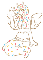 Size: 573x800 | Tagged: safe, artist:enticingrapture, oc, alicorn, anthro, alicorn oc, clothes, food, looking at you, open mouth, sprinkles, waving