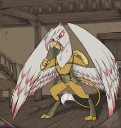 Size: 1650x1742 | Tagged: safe, artist:sinrar, oc, oc only, griffon, angry, armor, bar, bottomless, clothes, colored wings, colored wingtips, commission, male, open beak, partial nudity, rearing, red eyes, slit pupils, solo, spread wings, stairs, table, wings, yelling
