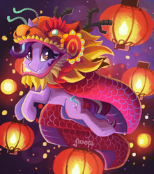 Size: 2300x2607 | Tagged: dead source, safe, artist:saxopi, starlight glimmer, pony, unicorn, g4, chinese new year, clothes, costume, dragon costume, female, high res, lantern, looking at you, mare, signature, smiling, solo