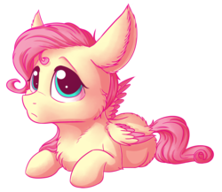 Size: 2124x1844 | Tagged: safe, artist:klarapl, fluttershy, pegasus, pony, g4, cheek fluff, chest fluff, colored wings, cute, female, looking at you, prone, shyabetes, simple background, solo, stray strand, three quarter view, transparent background