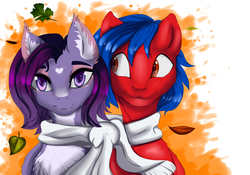 Size: 4000x2800 | Tagged: safe, artist:athenawhite, oc, oc:dawn aurora, oc:firewolfy, bat pony, earth pony, pony, autumn, bust, clothes, duo, female, leaves, looking at you, male, scarf, simple background, smiling, ych result