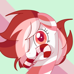 Size: 2000x2000 | Tagged: safe, artist:andromedasparkz, oc, oc only, oc:peppermint sweet (ice1517), earth pony, pony, candy, candy cane, cute, female, food, hair over one eye, high res, mare, markings, mouth hold, ocbetes