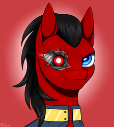 Size: 2073x2310 | Tagged: safe, artist:shkura2011, oc, oc only, oc:red eye, cyborg, pony, fallout equestria, bust, high res, looking at you, portrait, prosthetic eye, red and black oc, solo