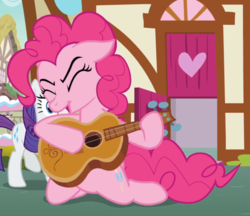 Size: 991x855 | Tagged: safe, screencap, pinkie pie, rarity, earth pony, pony, unicorn, g4, honest apple, cropped, eyes closed, female, floppy ears, guitar, mare, musical instrument, open mouth, power slide, sliding, solo focus