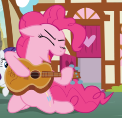 Size: 920x890 | Tagged: safe, screencap, pinkie pie, rarity, earth pony, pony, unicorn, g4, honest apple, cropped, eyes closed, female, floppy ears, guitar, mare, musical instrument, open mouth, power slide, smiling, solo focus