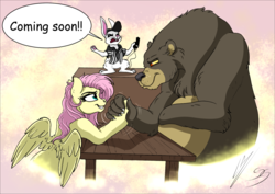 Size: 1714x1214 | Tagged: safe, artist:lupiarts, artist:snoopystallion, angel bunny, fluttershy, harry, bear, pegasus, pony, rabbit, g4, :t, abstract background, angry, animal, arm wrestling, cheek fluff, clothes, collaboration, comic, comic sans, comic sins, desk, eye contact, female, frown, grin, hat, looking at each other, male, mare, open mouth, referee, referee shirt, shirt, smiling, smirk, spread wings, surprised, sweat, table, that bunny sure does love whistles, underhoof, whistle, wing fluff, wings