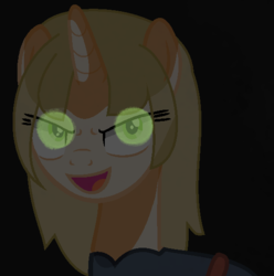 Size: 536x540 | Tagged: safe, artist:fjessemcsm, edit, pony, unicorn, (mario) the music box, alice aduraice, base artist needed, base used, black background, clothes, crossover, dress, evil smile, glowing eyes, grin, looking at you, ponified, simple background, smiling