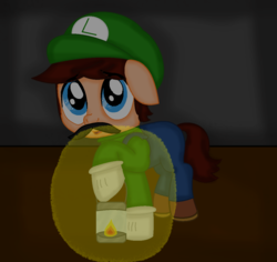 Size: 1184x1116 | Tagged: safe, artist:fjessemcsm, edit, pony, (mario) the music box, base artist needed, base used, cap, clothes, crossover, floppy ears, gloves, glowing, hat, lantern, light, long sleeved shirt, long sleeves, luigi, luigi's hat, male, nintendo, overalls, ponified, shirt, shoes, super mario bros., undershirt