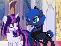 Size: 1884x1420 | Tagged: safe, artist:nocturnal-moonlight, princess luna, twilight sparkle, pony, unicorn, g4, alternate hairstyle, alternate universe, blushing, choker, chokerluna, clothes, crown, duo, eyelashes, jewelry, looking at each other, one eye closed, open mouth, redesign, regalia, short hair, smiling