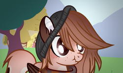 Size: 1048x620 | Tagged: safe, artist:alizeethepony2008, oc, oc only, oc:yasy, pegasus, pony, beanie, brown eyes, brown mane, cute, ear fluff, female, folded wings, freckles, hat, looking at something, mare, ocbetes, scrunchy face, solo, wings