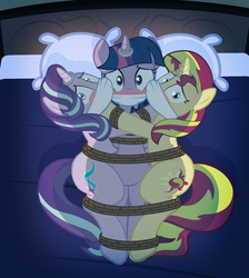 Size: 1323x1476 | Tagged: safe, alternate version, artist:radiantrealm, starlight glimmer, sunset shimmer, twilight sparkle, pony, unicorn, g4, bed, blushing, bondage, bound together, cloth gag, female, femsub, gag, help us, horn, horn ring, looking at you, magic suppression, mare, pillow, pinpoint eyes, rope, rope bondage, scared, show accurate, show accurate porn, sublight glimmer, submissive, subset, this will end in rape, tied up, twisub