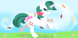 Size: 1044x511 | Tagged: safe, artist:inspiration1413, gusty, pony, g1, action pose, bow, flower, leaves, looking at you, open mouth, signature, tail bow, two toned mane