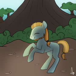 Size: 999x999 | Tagged: safe, artist:inspiration1413, rockhoof, earth pony, pony, g4, blank flank, cute, cutehoof, eyes closed, male, profile, rearing, signature, solo, tree