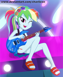 Size: 594x720 | Tagged: safe, artist:charliexe, rainbow dash, equestria girls, equestria girls series, g4, spring breakdown, spoiler:eqg series (season 2), alternate hairstyle, ankles, ass, butt, clothes, cruise concert outfit, cruise outfit, cute, dashabetes, electric guitar, feet, female, guitar, legs, musical instrument, one eye closed, open mouth, rainbow dash always dresses in style, rainbutt dash, sandals, schrödinger's pantsu, sitting, sleeveless, solo, thighs, toes, wink