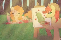 Size: 1000x666 | Tagged: safe, artist:inspiration1413, bright mac, pear butter, earth pony, pony, g4, the perfect pear, apple, biting pear of salamanca, easel, food, mouth hold, paintbrush, painting, pear, tree
