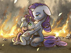 Size: 1024x768 | Tagged: safe, artist:breaksfast, rarity, sweetie belle, pony, unicorn, g4, anatomically incorrect, comforting, crying, dirty, duo, duo female, female, filly, fire, floppy ears, hug, incorrect leg anatomy, looking at each other, mare, scratches