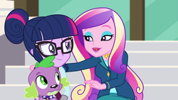 Size: 1920x1080 | Tagged: safe, screencap, dean cadance, princess cadance, sci-twi, spike, spike the regular dog, twilight sparkle, dog, equestria girls, g4, my little pony equestria girls: friendship games, lidded eyes, out of context