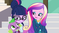 Size: 1920x1080 | Tagged: safe, screencap, dean cadance, princess cadance, sci-twi, spike, spike the regular dog, twilight sparkle, dog, equestria girls, g4, my little pony equestria girls: friendship games, blushing