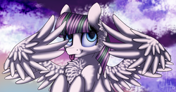 Size: 1888x999 | Tagged: safe, artist:inspiration1413, blossomforth, pony, g4, :p, abstract background, blue eyes, chest fluff, ear fluff, eyelashes, female, looking at you, looking up, mare, signature, silly, smiling, solo, spread wings, tongue out, wings