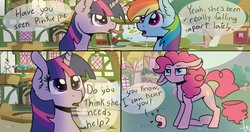 Size: 1228x650 | Tagged: safe, artist:archive-alicorn, artist:inspiration1413, artist:lightf4lls, pinkie pie, rainbow dash, twilight sparkle, alicorn, earth pony, pegasus, pony, g4, comic, ear fluff, eye contact, female, floppy ears, frown, funny, lidded eyes, literal, looking at each other, mare, modular, pun, speech bubble, unamused, visual pun, worried