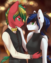 Size: 1242x1512 | Tagged: safe, artist:senpai, oc, oc only, pegasus, anthro, clothes, dancing, dress, ear piercing, female, male, neck bow, piercing, shipping, straight, suit