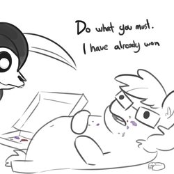 Size: 1650x1650 | Tagged: safe, artist:tjpones, oc, oc:tjpones, earth pony, pony, dialogue, duo, ear fluff, fat, food, glasses, good end, grim reaper, lineart, lying down, male, meme, on back, ponified animal photo, scythe, simple background, stallion, this will end in death, white background