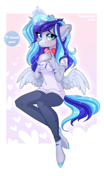 Size: 2420x4080 | Tagged: safe, artist:feekteev, oc, oc only, anthro, unguligrade anthro, anthro oc, clothes, female, heart, holiday, looking at you, mare, pants, shirt, smiling, valentine's day