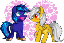 Size: 1714x1161 | Tagged: safe, artist:xwhitedreamsx, oc, oc only, oc:lightning faraday, oc:midnight, pegasus, pony, unicorn, female, heart, heartception, holiday, male, mare, mouth hold, raised leg, simple background, stallion, transparent background, valentine's day, ych result
