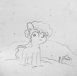 Size: 1402x1380 | Tagged: safe, artist:tjpones, oc, oc only, oc:tjpones, earth pony, pony, black and white, chest fluff, clipboard, ear fluff, ear piercing, grayscale, lineart, male, monochrome, piercing, simple background, snow, solo, stallion, thousand yard stare, traditional art