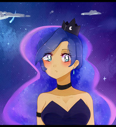 Size: 2034x2220 | Tagged: safe, artist:erinartista, princess luna, human, g4, bare shoulders, bust, female, high res, humanized, night, portrait, sleeveless, solo, strapless