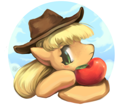 Size: 1280x1127 | Tagged: safe, artist:vexkex, applejack, earth pony, pony, g4, apple, cloud, cute, female, food, jackabetes, profile, sky, solo