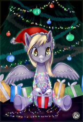 Size: 1359x2000 | Tagged: safe, artist:vexkex, derpy hooves, pegasus, pony, g4, christmas, christmas lights, christmas tree, clothes, cute, derpabetes, female, hat, holiday, mare, present, santa hat, sitting, smiling, solo, tree