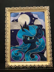 Size: 1024x1366 | Tagged: safe, artist:v-zen, princess luna, pony, g4, cloud, ear fluff, embroidery, jewelry, looking at you, moon, night, painting, regalia