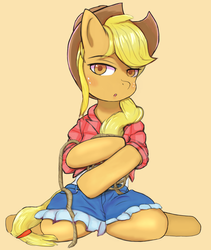 Size: 1200x1425 | Tagged: safe, artist:asa, kotobukiya, applejack, earth pony, pony, g4, clothes, cowboy hat, cute, denim skirt, female, freckles, hat, lasso, looking at you, mare, plaid shirt, rope, skirt, solo, stetson, wrong eye color