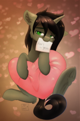 Size: 1313x1979 | Tagged: safe, artist:airfly-pony, derpibooru exclusive, oc, oc only, oc:black braunly tail, oc:braunly, pony, unicorn, rcf community, bedroom eyes, digital art, ear fluff, heart, holiday, hug, looking at camera, looking at you, male, pillow, pillow hug, shadow, smiling, solo, stallion, tradigital art, traditional art, underhoof, valentine, valentine's day, valentine's day card