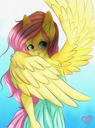 Size: 2000x2700 | Tagged: safe, artist:lucaaegus, fluttershy, pegasus, anthro, g4, clothes, cute, female, high res, shyabetes, smiling, solo, wings