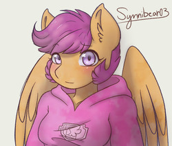 Size: 1000x846 | Tagged: safe, artist:synnibear03, scootaloo, oc, oc only, oc:ponytale scootaloo, anthro, comic:ponytale, g4, blushing, bust, clothes, cute, cutealoo, ear fluff, female, hoodie, solo