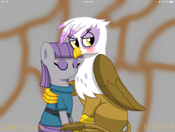 Size: 2048x1536 | Tagged: safe, artist:colorcodetheartist, gilda, maud pie, earth pony, griffon, pony, g4, abstract background, blushing, clothes, crack shipping, dress, eyeshadow, female, gilmaud, lesbian, shipping
